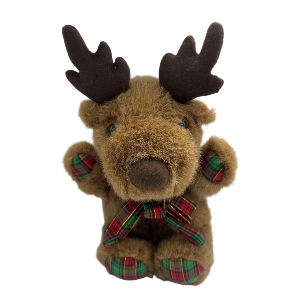 Accent International Reindeer Plush Brown Plaid Christmas Stuffed Animal 9"